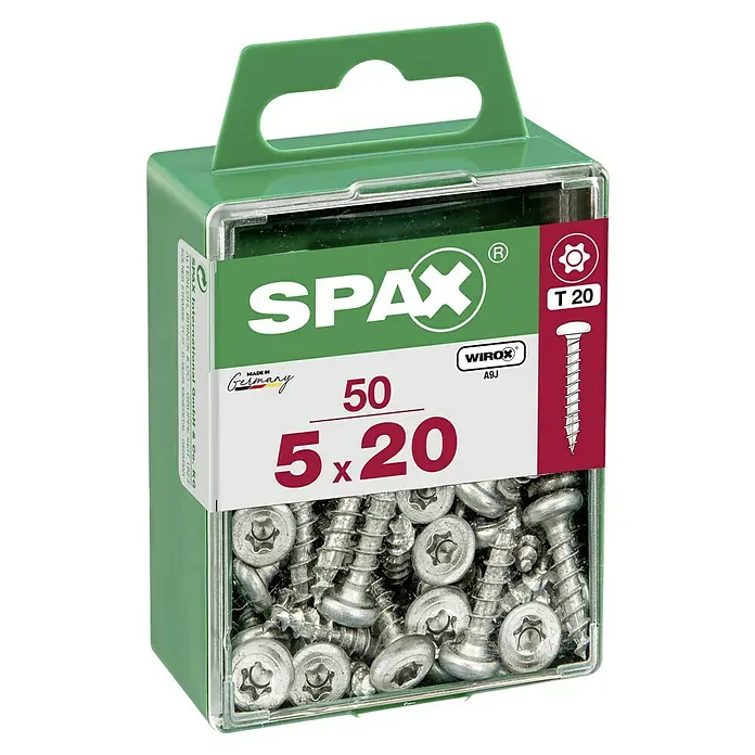 Spax Halbrundkopfschraube - 5 x 20 mm, Verzinkt, 50 Stk., TX für TORX-Antriebe - Dose mit 50 SPAX Universalschrauben 5x20 mm, ideal für vielfältige Anwendungen im Innen- und Außenbereich.