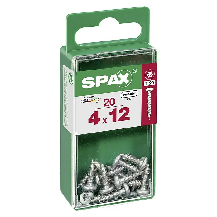 Spax Halbrundkopfschraube - 4 x 12 mm, Verzinkt, 20 Stk., TX für TORX-Antriebe - Bild einer Spax-Schraubenpackung, Größe 4x12, ideal für diverse Befestigungsarbeiten.