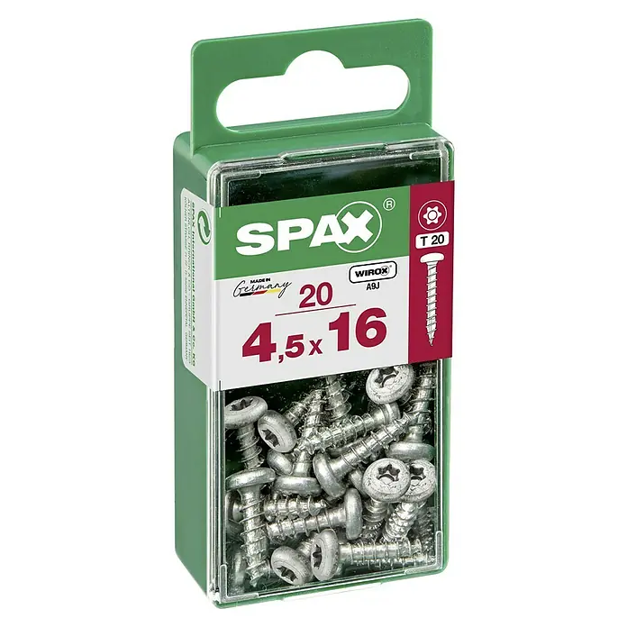 Spax Halbrundkopfschraube - 4,5 x 16 mm, Verzinkt, 20 Stk., TX für TORX-Antriebe - Dose mit SPAX Universalschrauben 4,5x16 mm, ideal für vielfältige Anwendungen im Innen- und Außenbereich. Torx T20 Antrieb für optimale Kraftübertragung.