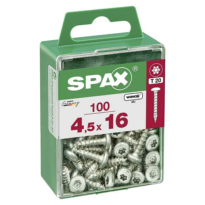 Spax Halbrundkopfschraube - 4,5 x 16 mm, Verzinkt, 100 Stk., TX für TORX-Antriebe - Dose mit 100 SPAX Universalschrauben, 4,5x16 mm, mit Senkkopf, Teilgewinde und T-STAR plus Antrieb. Ideal für Holzkonstruktionen.