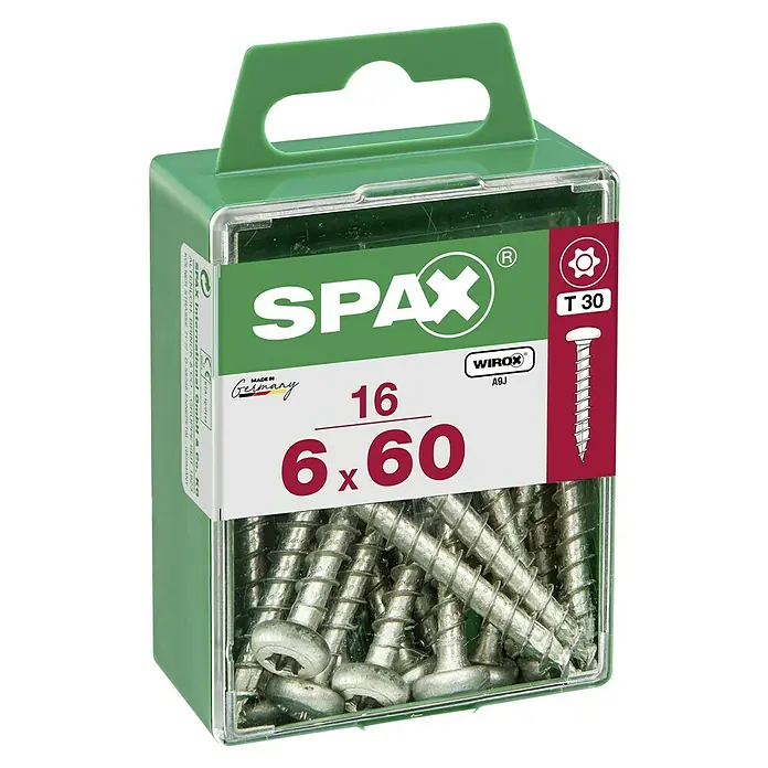 Spax Halbrundkopfschraube - 6 x 60 mm, Verzinkt, 16 Stk., TX für TORX-Antriebe - Eine Schachtel mit 16 Spax Schrauben, Größe 6x60 mm, ideal für diverse Bau- und Montagearbeiten.