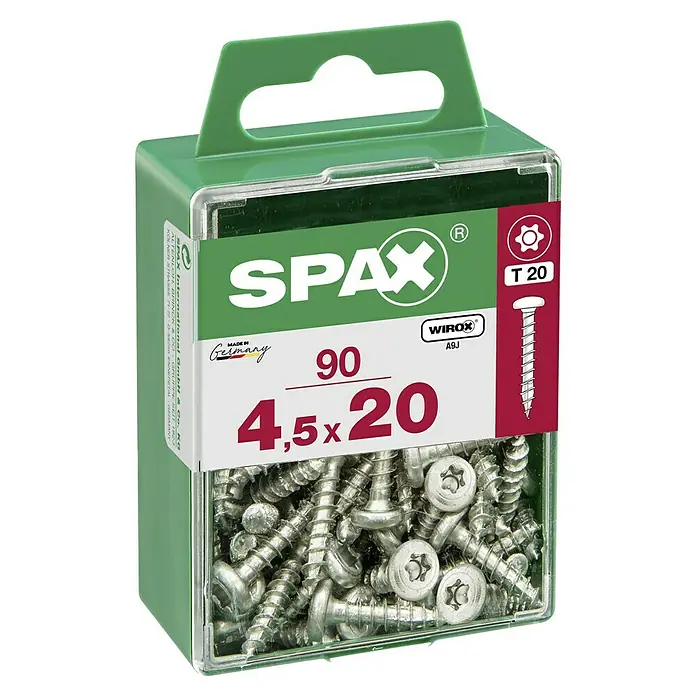 Spax Halbrundkopfschraube - 4,5 x 20 mm, Verzinkt, 90 Stk., TX für TORX-Antriebe - Dose mit 90 Spax Schrauben 4,5x20 mm, ideal für Holzverbindungen. Torx T20 Aufnahme für optimalen Halt und effiziente Verarbeitung.