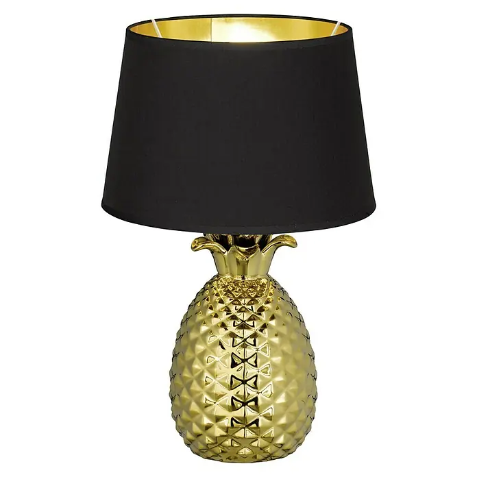 Reality Leuchten Tischleuchte Pineapple - 60 W, E27 - Goldene Ananas-Tischleuchte mit schwarzem Lampenschirm für ein stilvolles Ambiente.