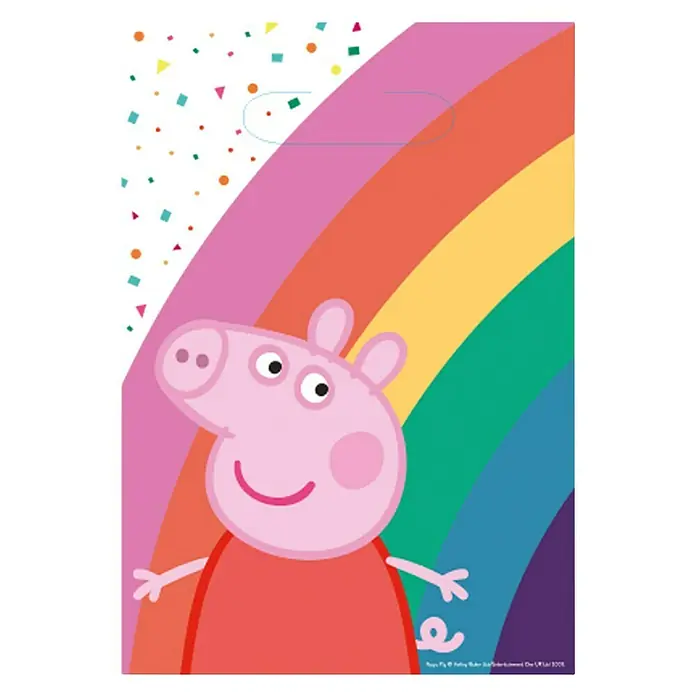 Geschenktüte Partytüte - 8 Stk., Peppa Pig, 23 x 16 cm - Party-Geschenktüte mit Peppa Wutz-Motiv. Die Tüte zeigt Peppa vor einem farbenfrohen Regenbogen und Konfetti. Ideal für Kindergeburtstage und Feiern.