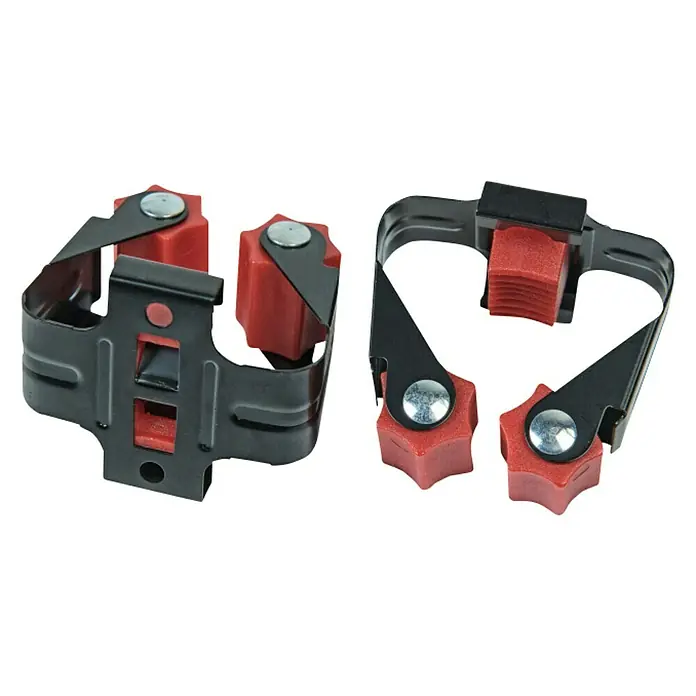 Colgador para herramientas - Diámetro ojal: 25 mm, 2 ud. - Primer plano de dos soportes para herramientas de pared en negro y rojo, ideales para guardar fregonas y escobas.