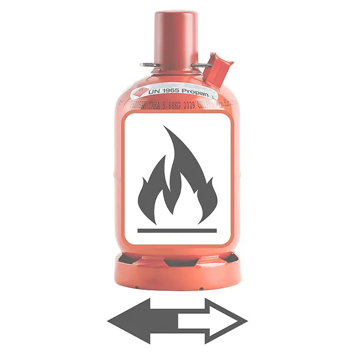 Hoyer Propangas-Füllung - Passend für: Hoyer Gas-Pfandflaschen, 5 kg - Rote Propangasflasche mit Warnzeichen für entzündliche Stoffe und Richtungspfeilen, ideal für Camping und Outdoor-Aktivitäten.