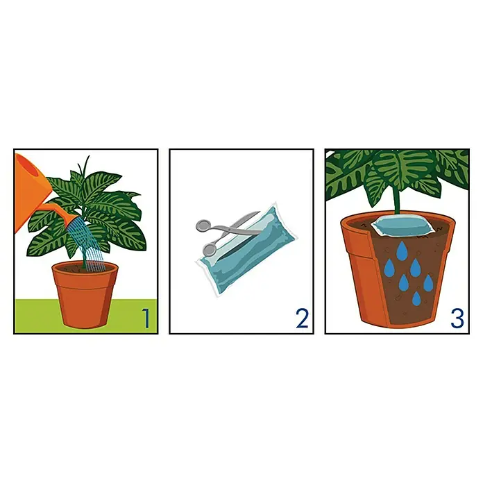 Altadex Riego para vacaciones Biogel - 200 ml - Ilustración de una planta regándose, luego una bolsa de agua cortada y colocada en la tierra.