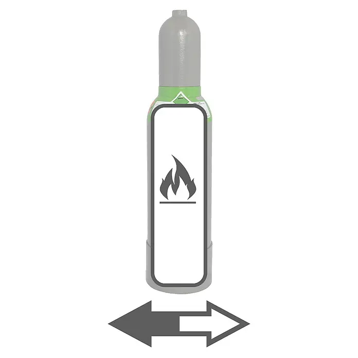 Tyczka Energy Tycon-Füllung - Passend für: Tyczka Energy Tycon-Flaschen, 5 l - Abbildung einer Gasflasche mit einem Flammen-Piktogramm und einem bidirektionalen Pfeil, die die Bewegung oder den Transport hervorhebt.