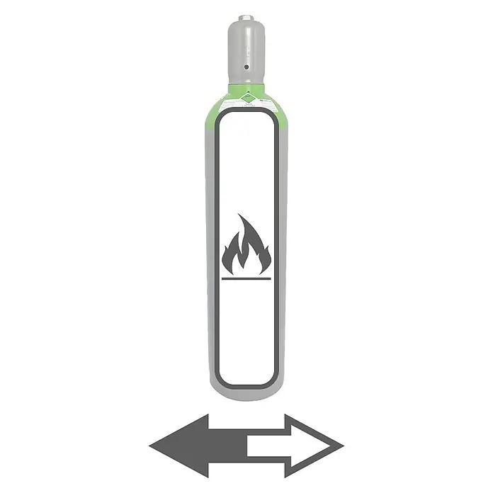 Tyczka Energy Tycon-Füllung - Passend für: Tyczka Energy Tycon-Flaschen, 20 l - Eine Abbildung einer Gasflasche mit einem Flammenzeichen und einem horizontalen Pfeil, der die Richtung angibt.