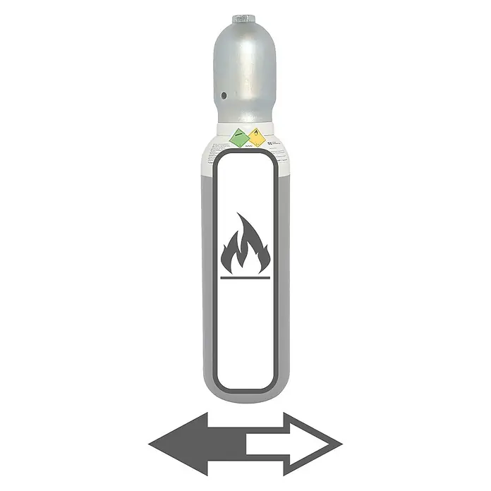 Tyczka Energy Sauerstoff-FüllungPassend für: Tyczka Energy Sauerstoff-Flaschen, 5 l - Abbildung einer Gasflasche, gekennzeichnet mit einem Flammensymbol und Richtungspfeilen, zur Kennzeichnung entzündbarer Gase und Handhabung.