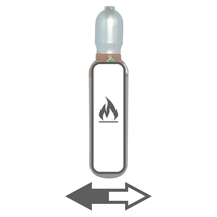 Tyczka Energy Ballongas-Füllung - Passend für: Tyczka Energy Ballongas-Flaschen, 5 l - Bild einer Gasflasche mit einem Flammensymbol und einem Pfeil.