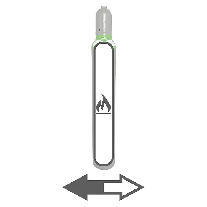 Tyczka Energy Tycon-Füllung - Passend für: Tyczka Energy Tycon-Flaschen, 10 l - Eine graue Gasflasche mit einem Flammensymbol und einem Pfeil, die die Richtung des entzündlichen Gases anzeigt. Vorsichtige Handhabung ist wichtig!