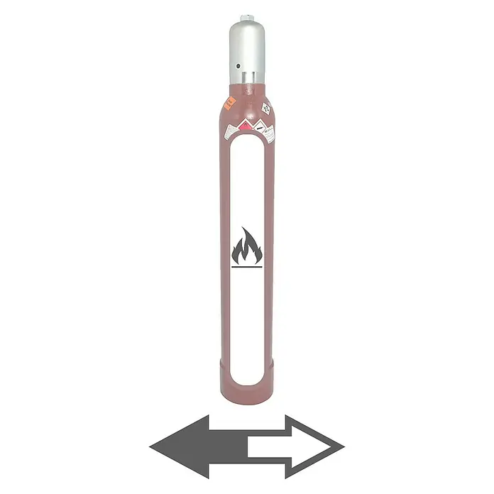 Tyczka Energy Acetylen-Füllung - Passend für: Tyczka Energy Acetylen-Flaschen, 10 l - Eine rote Gasflasche mit einem silbernen Kopf, gekennzeichnet mit einem Flammensymbol, und einem Pfeil-Symbol unten.