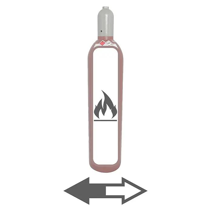 Tyczka Energy Acetylen-FüllungPassend für: Tyczka Energy Acetylen-Flaschen, 20 l - Eine rote Gasflasche mit einem Etikett, das ein Flammensymbol zeigt, und darunter ein Hinweispfeil.