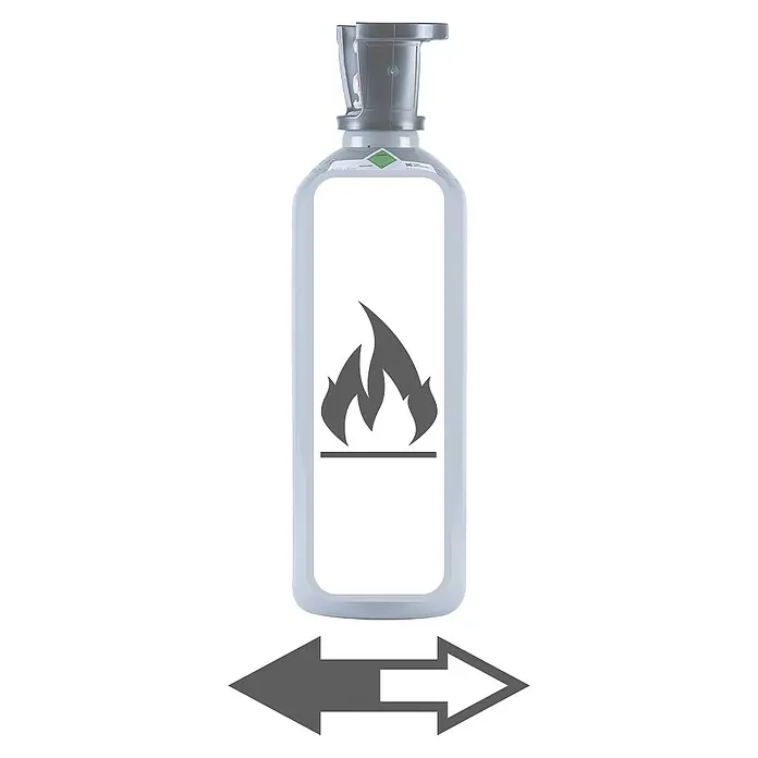 Tyczka Energy CO2-Füllung - Passend für: Tyczka Energy CO2-Flaschen, 10 kg - Darstellung einer Kartusche mit Feuer-Symbol und Pfeilen, die vielseitige Verwendung suggeriert.\n
