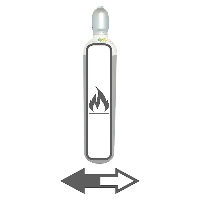 Tyczka Energy Sauerstoff-Füllung - Passend für: Tyczka Energy Sauerstoff-Flaschen, 20 l - Ein Bild einer Gasflasche, gekennzeichnet mit einem Flammensymbol und Pfeilen, die die Richtung anzeigen.