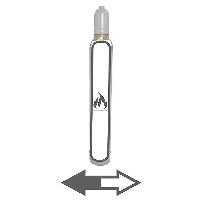Tyczka Energy Ballongas-Füllung - Passend für: Tyczka Energy Ballongas-Flaschen, 10 l - Ein Bild einer Gasflasche mit einem Flammen-Symbol und einem Pfeil, der nach links und rechts zeigt.