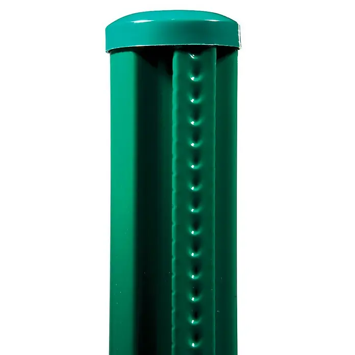 Poste para cercado Quick Fix - Altura: 180 cm, Diámetro: 48 mm, Verde oscuro, Acero - Primer plano de un poste de cerca verde con una tapa redondeada, que ofrece estabilidad y durabilidad para cualquier instalación de cerca.