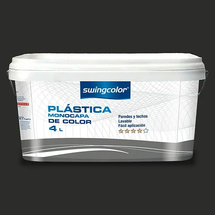 swingcolor Pintura para paredes - Negro, Mate, 4 l - Un cubo de Swingcolor Plástica Monocapa De Color, un revestimiento plástico versátil para paredes y techos, fácil de aplicar y lavable.