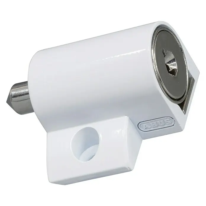 Abus Cerradura adicional para ventanas - Apto para: Ventanas correderas, Blanco, Acero inoxidable - Primer plano de un cierre de ventana ABUS blanco con llave. El cierre es compacto y seguro.
