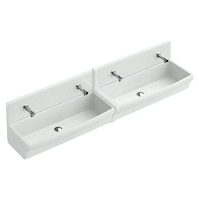 Villeroy & Boch O.novo Doppelwaschtisch - 100 x 41,5 cm, Ohne Spezialglasur, Hahnloch: Ohne, Ohne Überlauf, Weiß - Zwei nebeneinanderliegende, rechteckige Waschbecken mit jeweils einem Hahn, an einer Wand befestigt. Die weißen Keramikbecken sind schlicht und modern.