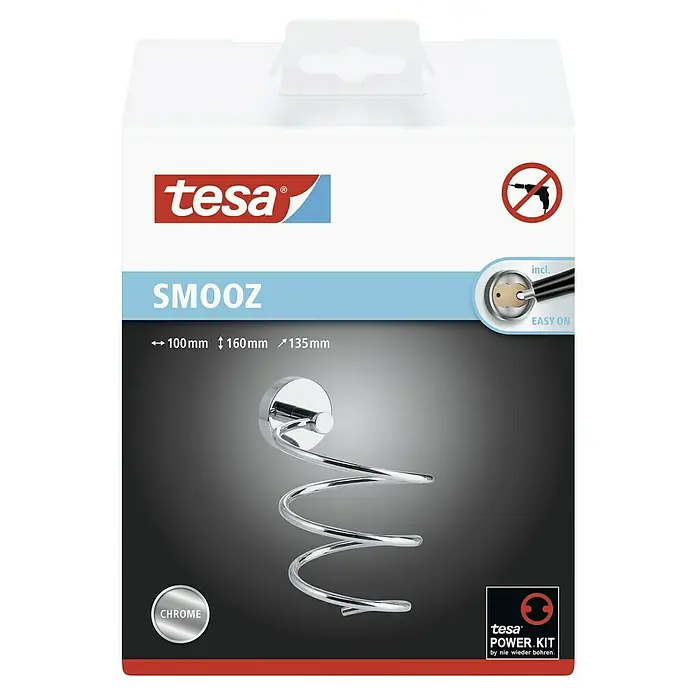 Tesa Smooz Fönhalter - Chrom, Glänzend - Die Tesa SMOOZ Chrom-Haartrocknerhalterung zur einfachen, bohrfreien Wandmontage für jedes Badezimmer.
