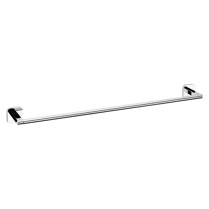 Tesa Elegaant Handtuchstange - Breite: 8,5 cm, Chrom, Glänzend - Eine glänzende, silberfarbene Handtuchstange aus Metall mit quadratischen Halterungen, die eine elegante Badezimmerausstattung darstellt.