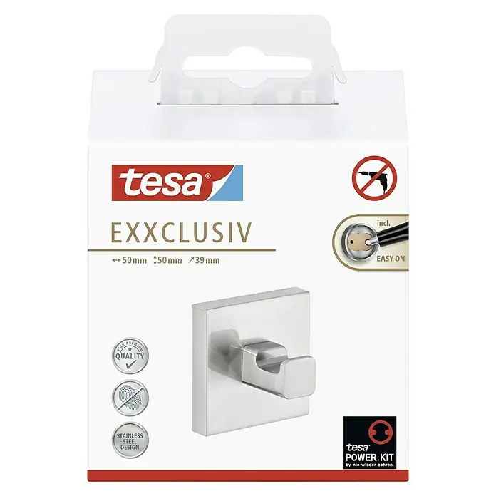 Tesa Exxclusiv Handtuchhaken - Edelstahl, Glänzend - Produktverpackung einer Tesa EXXCLUSIV Wandhaken, aus Edelstahl, einfache Montage ohne Bohren, ideal für Badezimmer und Küche.