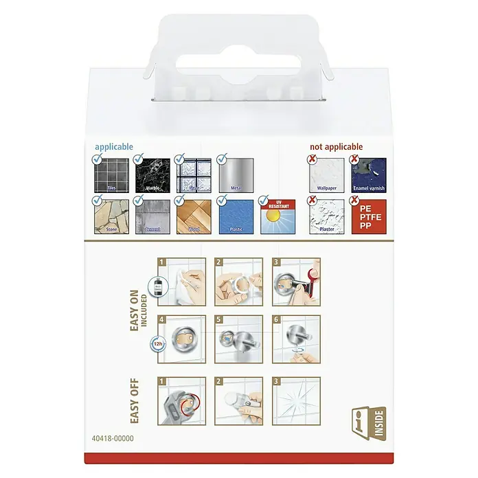 Tesa Exxclusiv Handtuchhaken - Edelstahl, Glänzend - Verpackungsrückseite mit Informationen zur Anwendbarkeit auf Oberflächen und Anbringungs-/Entfernungshinweisen.