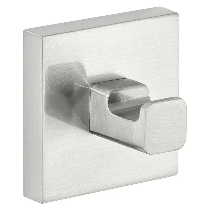 Tesa Exxclusiv Handtuchhaken - Edelstahl, Glänzend - Nahaufnahme eines quadratischen, gebürsteten Nickel-Kleiderhakens, der an einer Wand montiert ist.