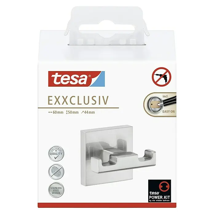 Tesa Exxclusiv Doppelhaken - Edelstahl, Glänzend - Die Tesa Exxclusiv Verpackung zeigt einen modernen, silbernen Haken zur einfachen Wandmontage im Badezimmer ohne Bohren dank Power.Kit Technologie.