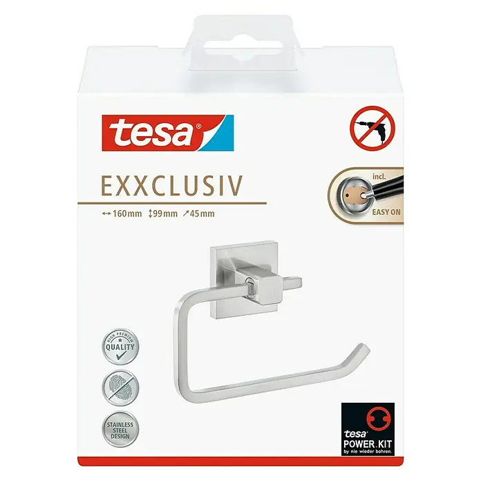 Tesa Exxclusiv Toilettenpapierhalter - Ohne Deckel, Edelstahl, Verchromt - Bild einer Tesa EXXCLUSIV Toilettenpapierhalterung in einer Produktverpackung, die ein modernes und stilvolles Design aufweist.