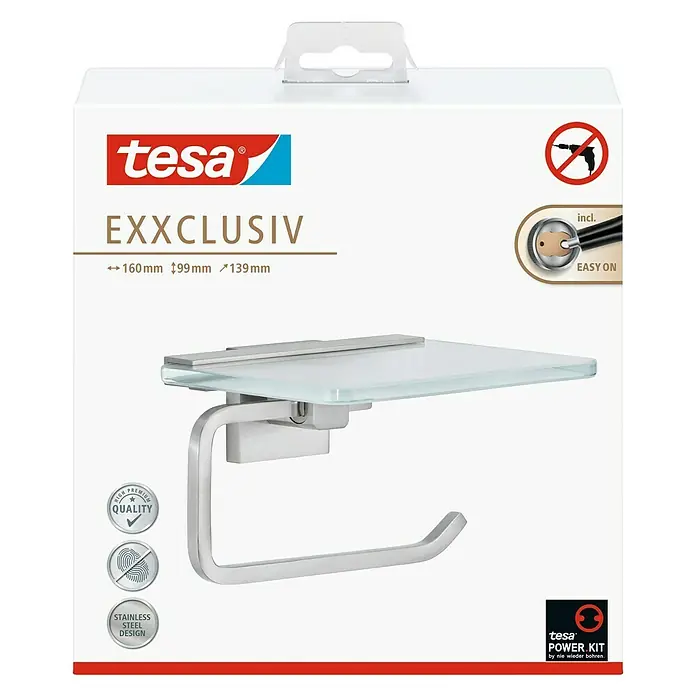 Tesa Exxclusiv Toilettenpapierhalter - Mit Ablage, Satiniert/Chrom, Glänzend - Produktverpackung: Tesa EXXCLUSIV Toilettenpapierhalter mit Ablage. Edelstahl-Design für stilvolle Badezimmer.