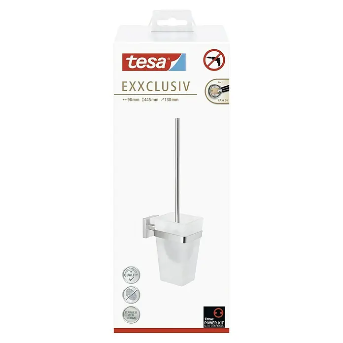 Tesa Exxclusiv WC-Bürstengarnitur - Mit Halterung, Satiniert/Chrom, Glänzend - Verpackung einer Tesa Exxclusiv WC-Bürstengarnitur für die Wandmontage ohne Bohren, mit hochwertigem, rostfreiem Design.