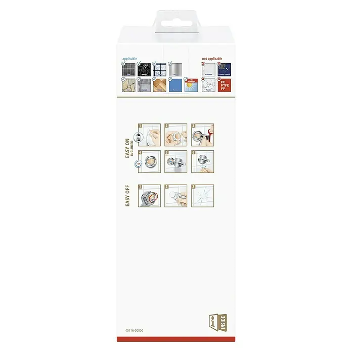 Tesa Exxclusiv WC-Bürstengarnitur - Mit Halterung, Satiniert/Chrom, Glänzend - Bild der Produktverpackung mit Hinweisen zu Anwendungsbereichen und Montage.