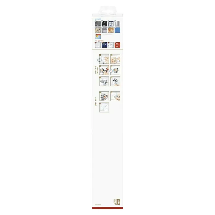 Tesa Exxclusiv Handtuchhalter - 2-armig, Edelstahl, Glänzend - Nahaufnahme der Verpackungsrückseite eines Produkts, das für verschiedene Oberflächen geeignet ist und eine einfache Anbringung/Entfernung ermöglicht.