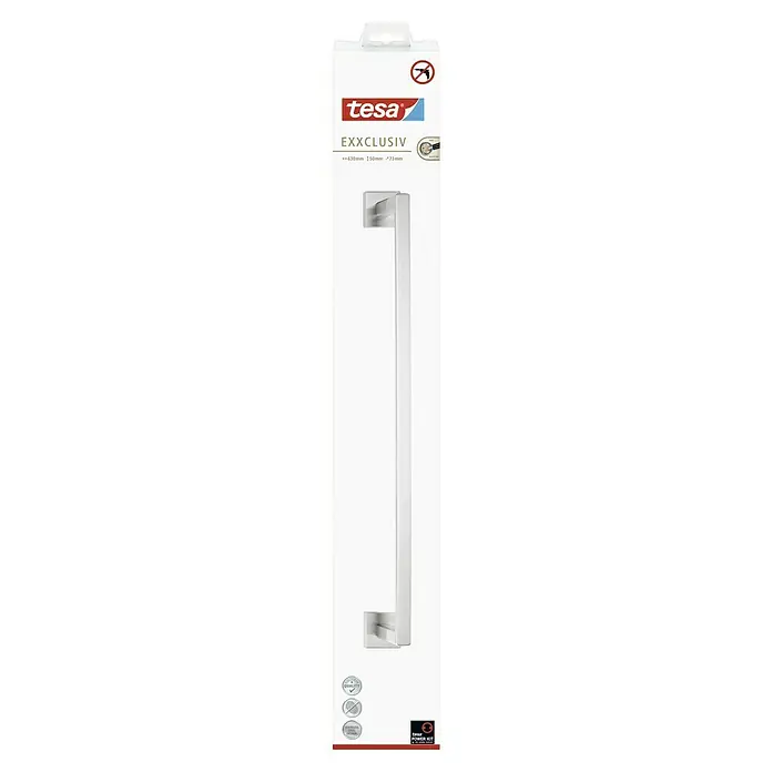 Tesa Exxclusiv Handtuchstange - Edelstahl, Glänzend - Produktverpackung: Tesa EXXCLUSIV Handtuchhalter, gebürsteter Edelstahl, zur einfachen Wandmontage ohne Bohren, dank der Tesa Power.Kit Technologie.