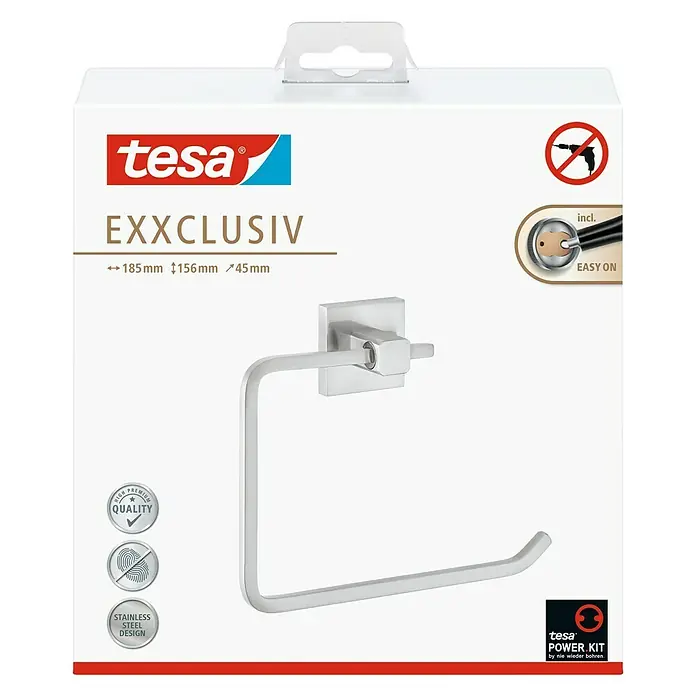 Tesa Exxclusiv Handtuchhalter - Breite: 18,5 cm, Edelstahl, Verchromt - Produktverpackung für einen tesa EXXCLUSIV Toilettenpapierhalter aus Edelstahl zur Wandmontage ohne Bohren.