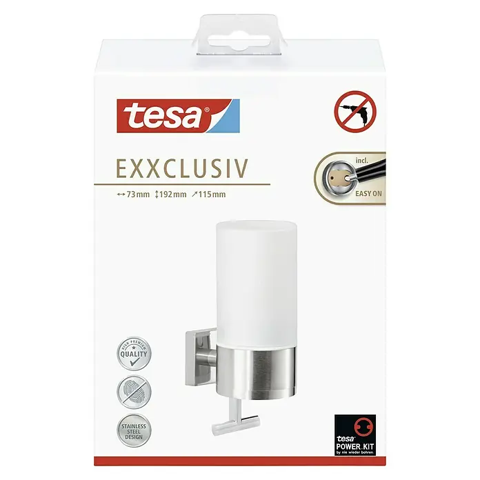 Tesa Exxclusiv Seifenspender - Mit Halterung, Satiniert/Chrom, Verchromt - Bild einer Tesa Exxclusiv Seifenspender-Verpackung mit den Maßen 73x192x115mm und dem Hinweis auf die Power.Kit-Technologie.