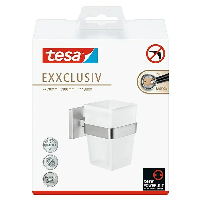 Tesa Exxclusiv Zahnputzglas - Mit Halterung, Durchmesser: 4,1 cm, Glas - Abbildung einer Tesa EXXCLUSIV Wandhalterung für Zahnbürsten, die mit einer innovativen Klebetechnologie an der Wand befestigt wird.