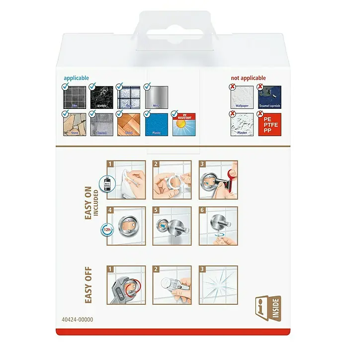 Tesa Exxclusiv Zahnputzglas - Mit Halterung, Durchmesser: 4,1 cm, Glas - Bild einer Produktverpackung mit Montageanleitung und Anwendungsbereichen für verschiedene Oberflächen, inklusive UV-Beständigkeit.