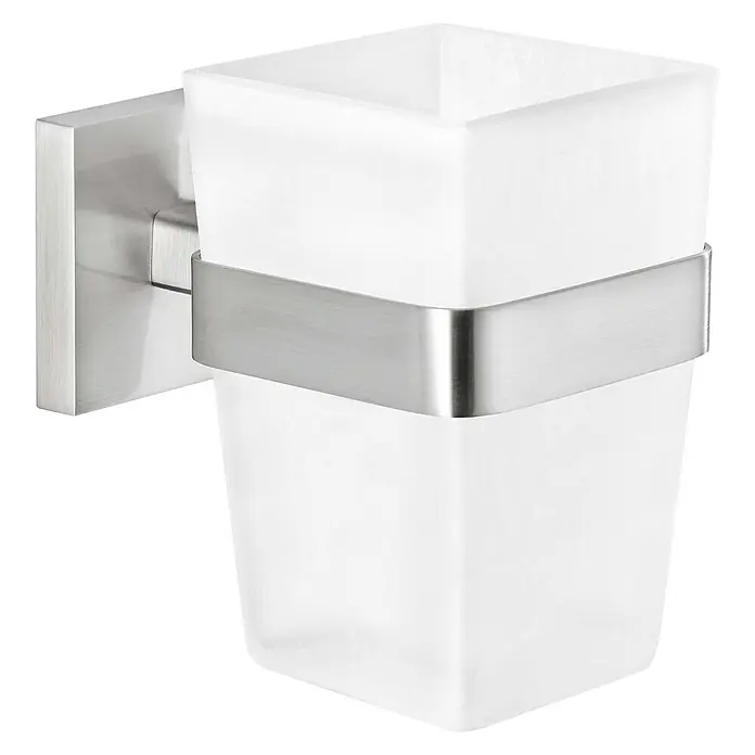 Tesa Exxclusiv Zahnputzglas - Mit Halterung, Durchmesser: 4,1 cm, Glas - Modern gestalteter Zahnputzbecherhalter mit mattiertem Glasbecher und Halterung aus gebürstetem Edelstahl für Badezimmer.