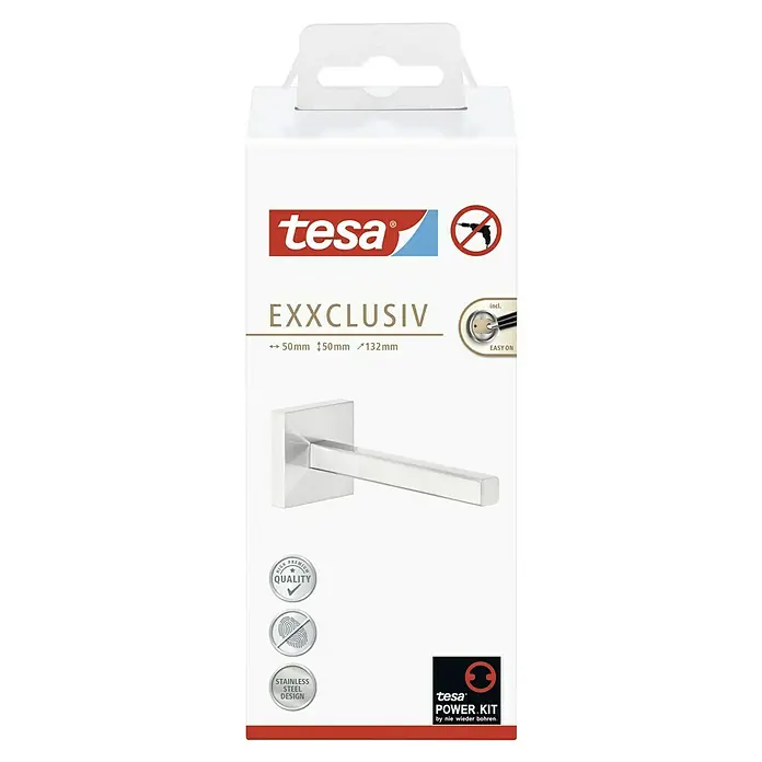 Tesa Exxclusiv Ersatzpapierrollenhalter - Länge: 5 cm, Montageart: Kleben - Bild des Tesa Exxclusiv-Produkts, einer eleganten, modernen Türgriffgarnitur aus Edelstahl zur einfachen Montage ohne Bohren.