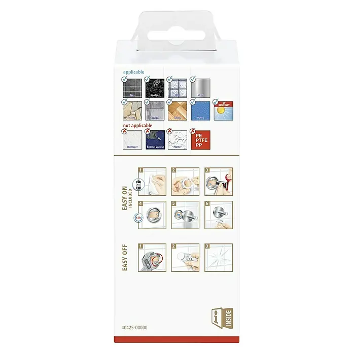 Tesa Exxclusiv Ersatzpapierrollenhalter - Länge: 5 cm, Montageart: Kleben - Produktverpackung mit Anwendungsanleitung und Hinweisen zur Oberflächenbeschaffenheit, geeignet und ungeeignet für die Montage.