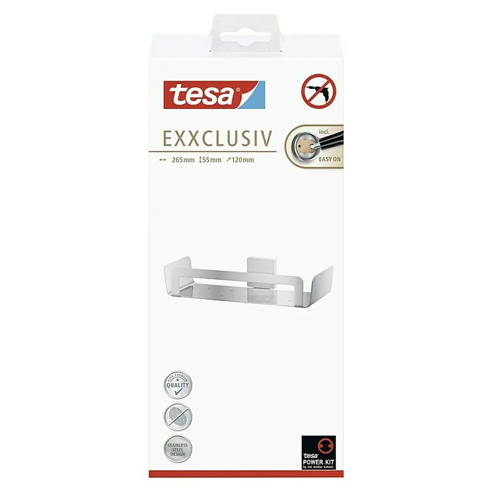 Tesa Exxclusiv Duschkorb - 5,5 x 26,5 x 12 cm, Edelstahl, Glänzend - Die Verpackung eines Tesa EXXCLUSIV Edelstahl-Wandregals mit den Maßen 265mm x 55mm x 120mm, das ohne Bohren montiert werden kann.
