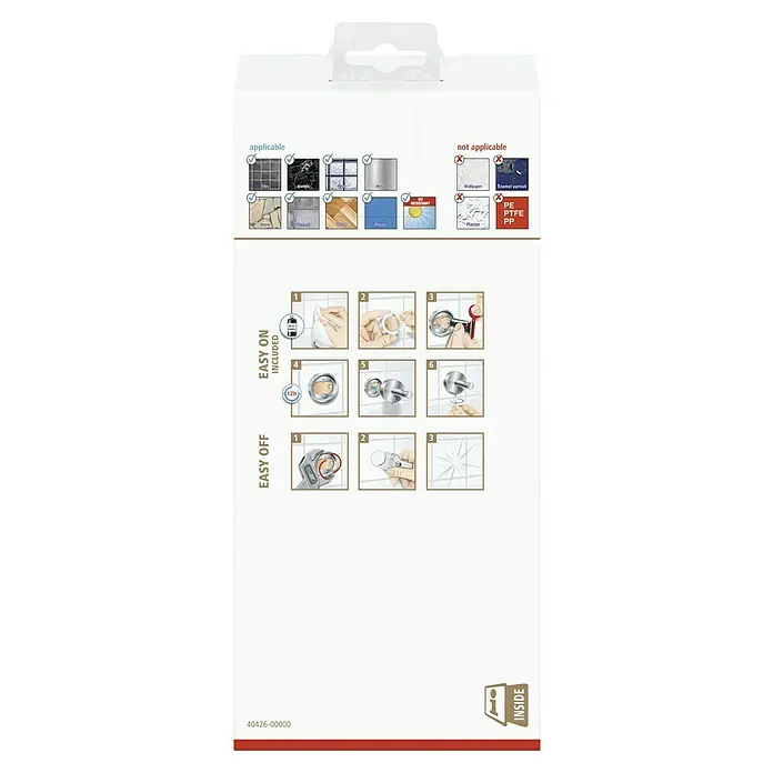 Tesa Exxclusiv Duschkorb - 5,5 x 26,5 x 12 cm, Edelstahl, Glänzend - Abbildung der Rückseite der Produktverpackung mit Anweisungen zur Anbringung und Entfernung des Produkts auf verschiedenen Oberflächen.