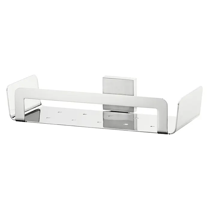 Tesa Exxclusiv Duschkorb - 5,5 x 26,5 x 12 cm, Edelstahl, Glänzend - Ein glänzendes, rechteckiges Wandregal aus Metall mit erhöhten Seiten und einem Befestigungsblock in der Mitte zur sicheren Anbringung.