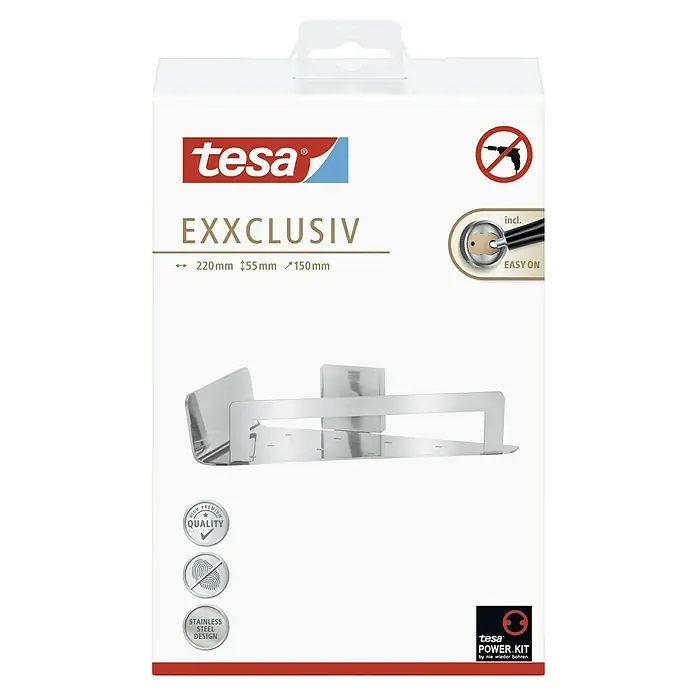Tesa Exxclusiv Eckduschkorb - 5,5 x 22 x 15 cm, Edelstahl, Verchromt - Produktverpackung für ein Tesa Exxclusiv Edelstahl-Design Produkt zur Wandbefestigung ohne Bohren mit Power.Kit Technologie.