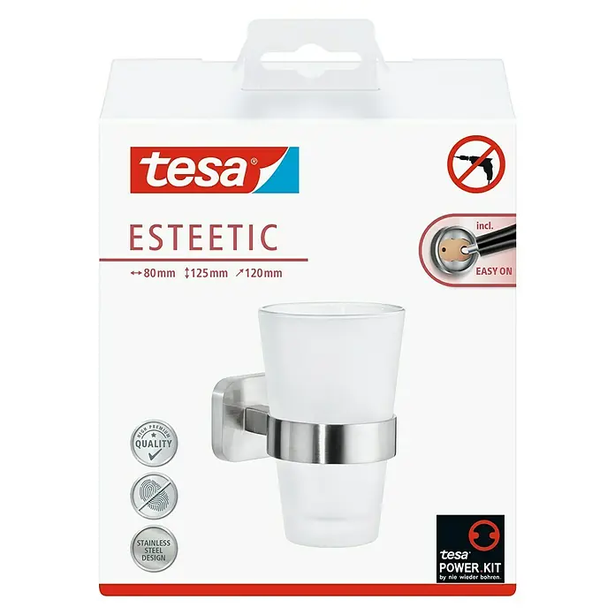 Tesa Esteetic Zahnputzglas - Mit Halterung, Durchmesser: 4,1 cm, Metall - Produktverpackung für einen Tesa Esteetic Zahnputzbecher mit Power.Kit zur einfachen Montage ohne Bohren.
