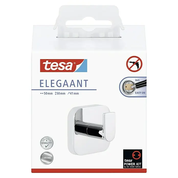 Tesa Elegaant Handtuchhaken - Chrom, Glänzend - Verpackung einer Tesa Elegaant Chrom-Garderobenhaken, der ohne Bohren montiert werden kann, mit Tesa Power.Kit Klebetechnologie für starken Halt.